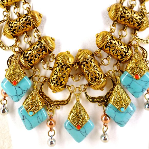Necklace Amazing Exotic Gold Tone Filigree Faux Turquoise & Coral Perfect Cond - Picture 3 of 5